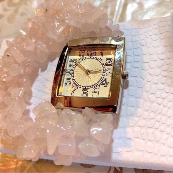 Rose Quartz Watch 4 Rows of Stones Stretch Bracelet Watch Works - Picture 4 of 7